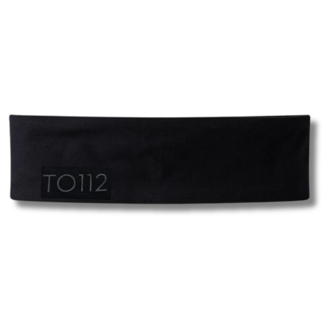 Black cotton blend 90s-inspired stretch headband with tone on tone logo